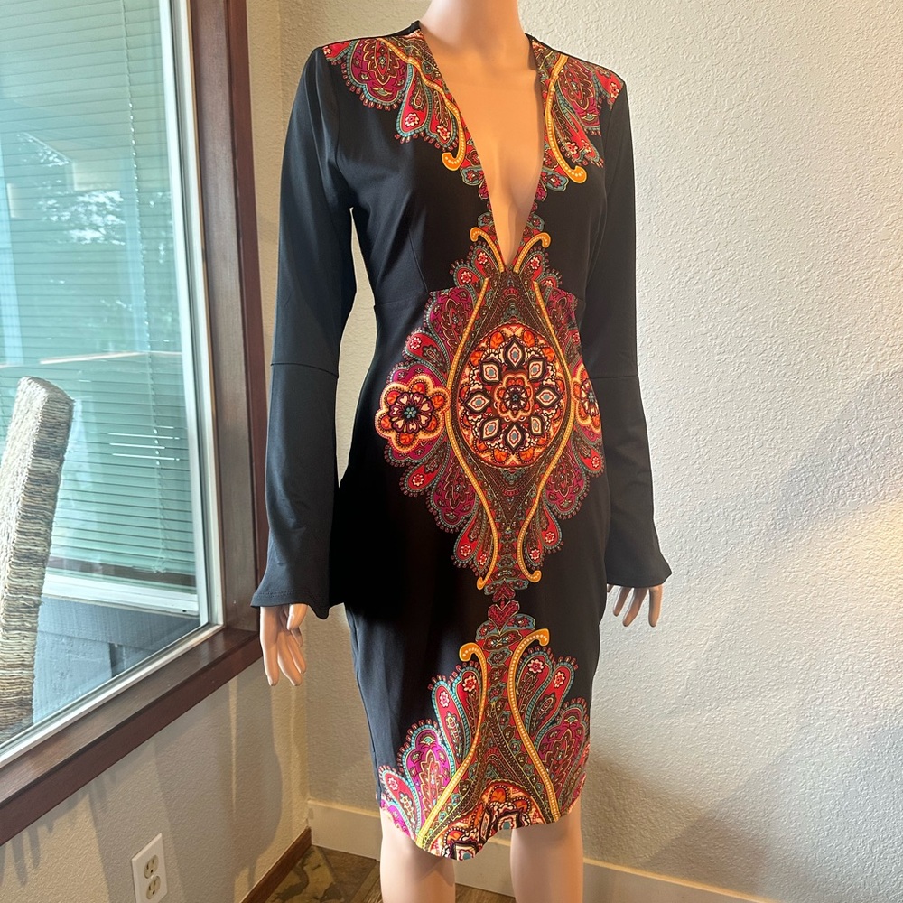 VENUS Black Sexy Dress with Red and Gold Paisley, flared sleeves